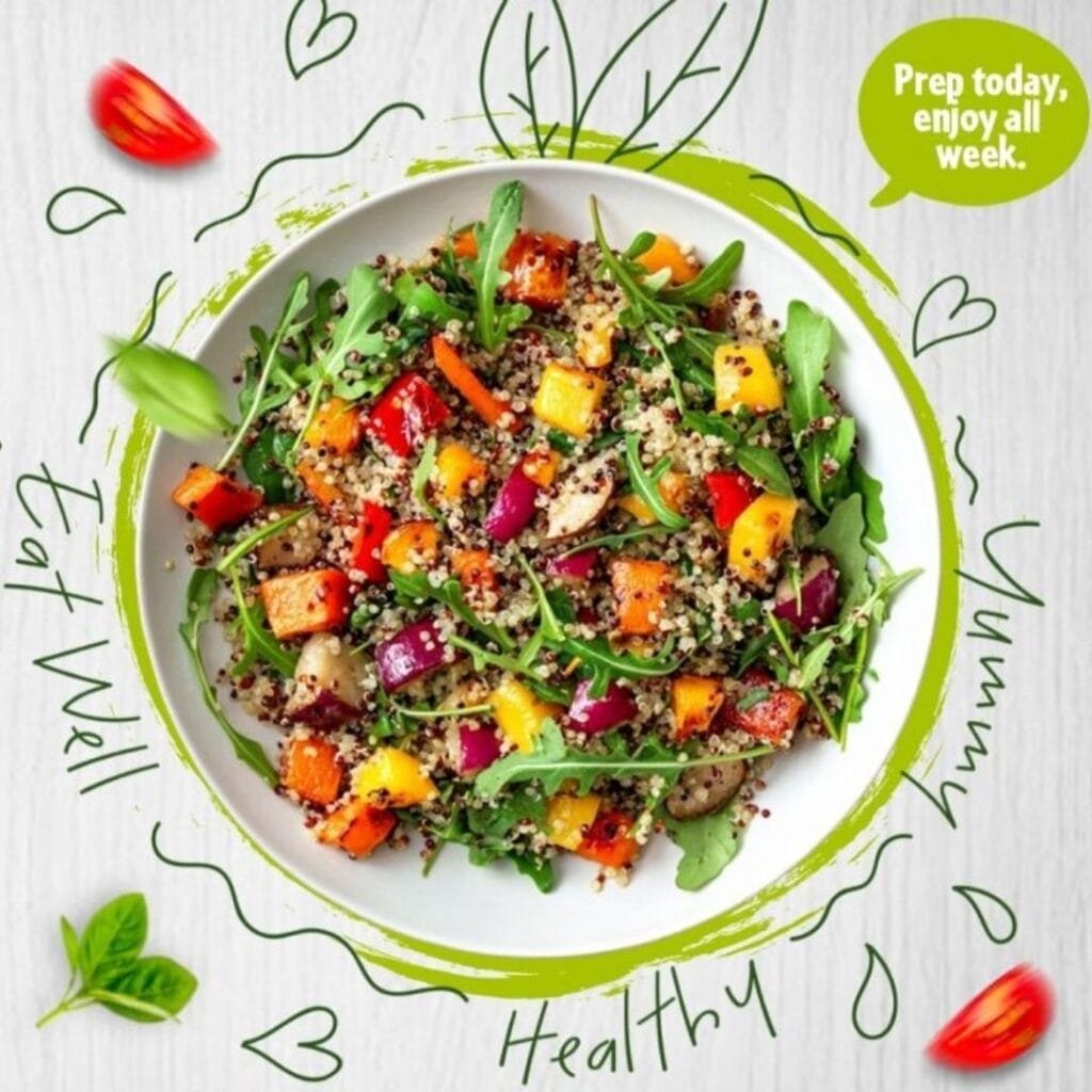 A vibrant bowl of quinoa and roasted vegetable salad, representing vegetarian meal prep ideas, with text saying 'Prep today, enjoy all week'.