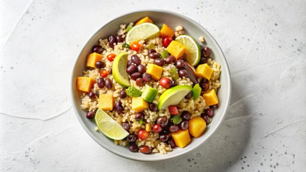 Budget friendly vegetarian meal prep with rice beans and simple vegetables in bowl